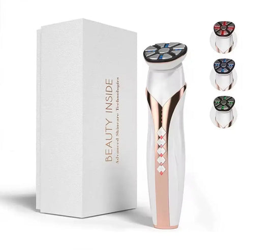 "White and rose gold RF & EMS skin tightening device with a circular control panel, next to a white box labeled 'Beauty Insid