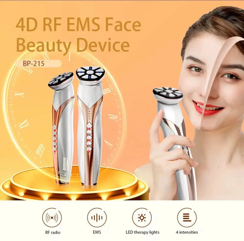 "Silver and white RF & EMS skin tightening device with a circular head, displayed on a golden circular background."