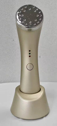 A handheld electric steam shower device in a champagne gold finish with a matching charging base, featuring a silver metallic spray head and three indicator lights.