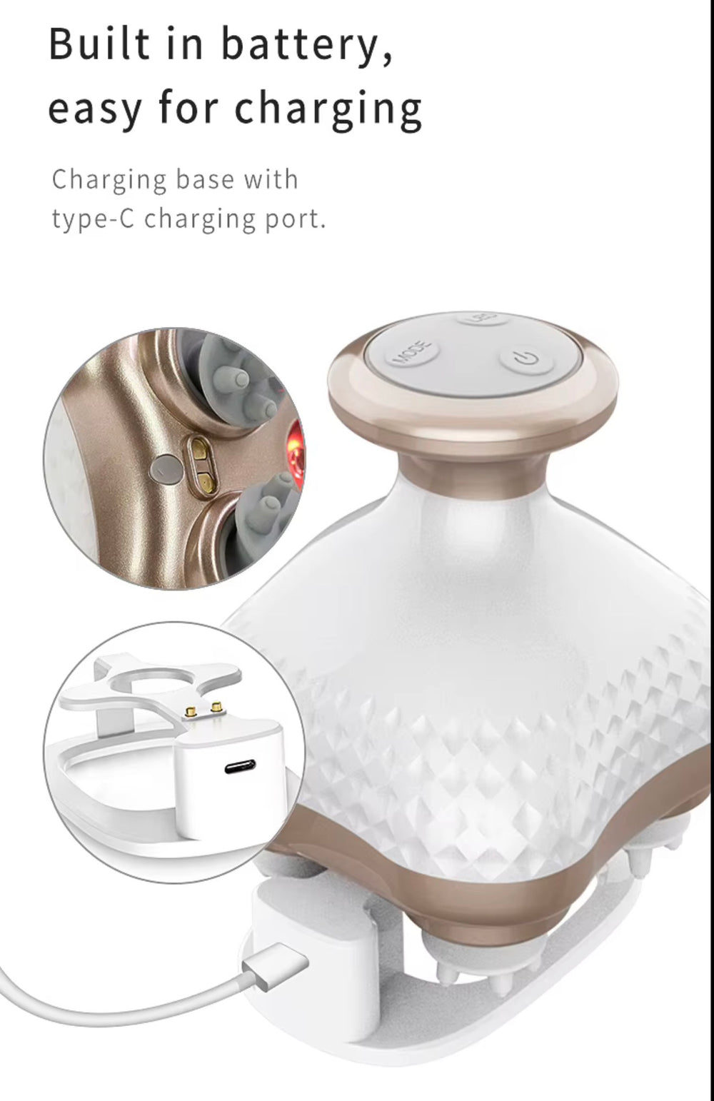 A white and rose gold handheld beauty device with a textured body, shown plugged in with a charging base. Two circular inset images highlight a charging port detail and the charging dock, with text at the top reading 'Built in battery, easy for charging' and 'Charging base with type-C charging port.