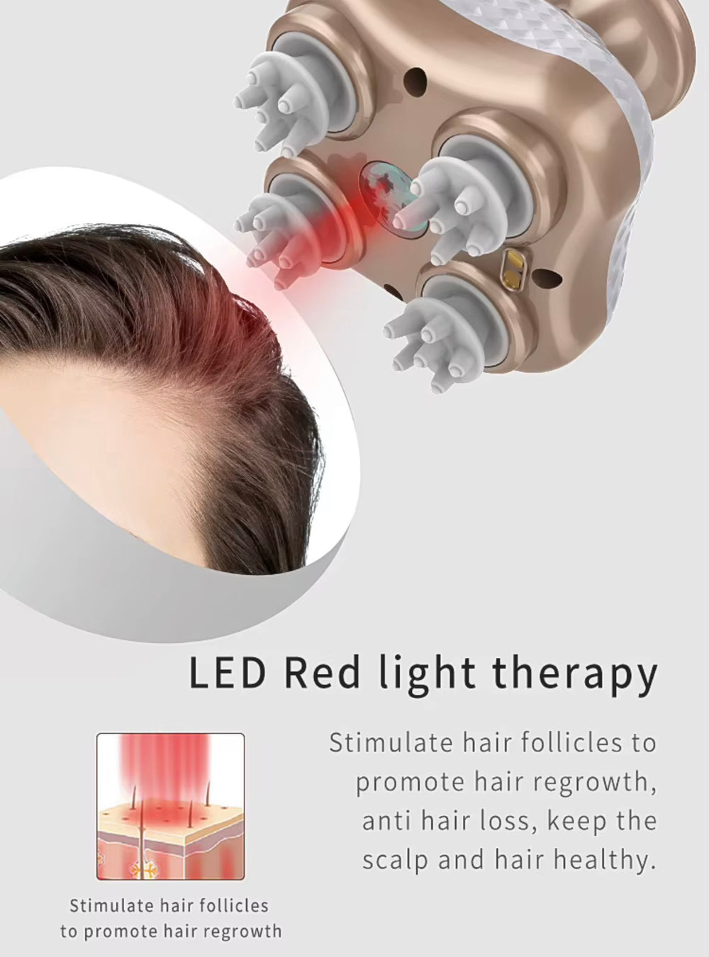 A hair scalp massager device in a champagne gold and white color, shown with a circular inset of a person's scalp and red LED light therapy visualization. Text on the image explains the LED red light therapy benefits for hair regrowth.