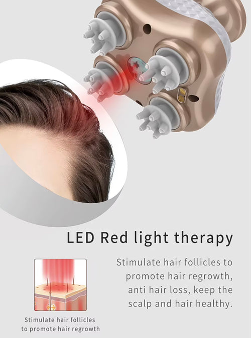 A hair scalp massager device in a champagne gold and white color, shown with a circular inset of a person's scalp and red LED light therapy visualization. Text on the image explains the LED red light therapy benefits for hair regrowth.