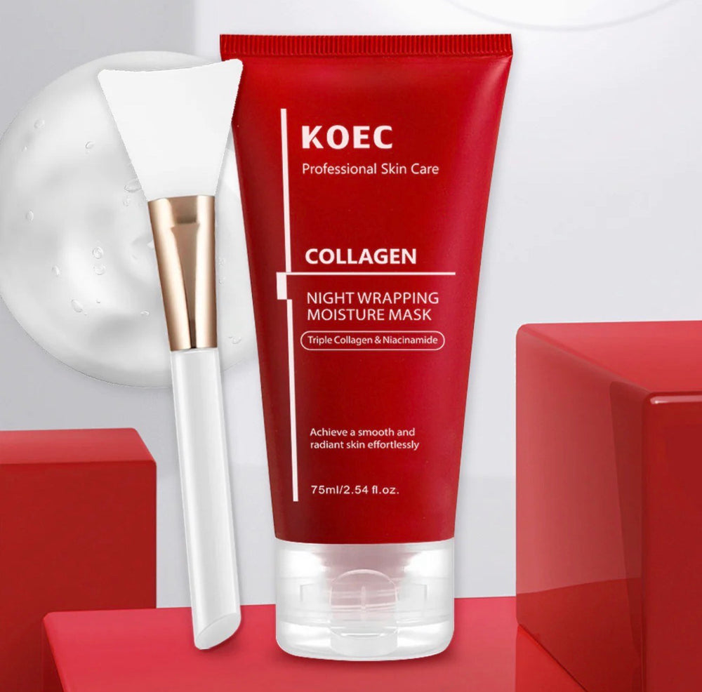 Red tube of KOEC Collagen Night Mask with white cap, alongside a white brush with a flat silicone tip, on a red background.
