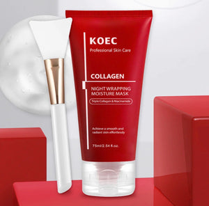 Red tube of KOEC Collagen Night Mask with white cap, alongside a white brush with a flat silicone tip, on a red background.