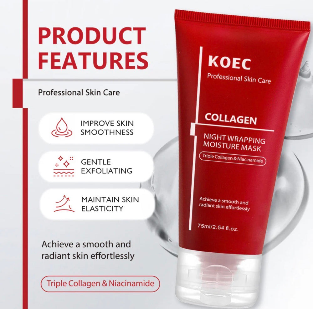 "Red tube of KOEC Collagen Night Mask with white text and a brush, placed on a light background."