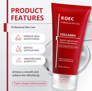 "Red tube of KOEC Collagen Night Mask with white text and a brush, placed on a light background."