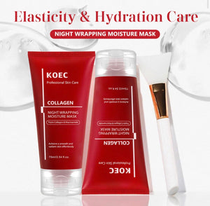 "Red tube of KOEC Collagen Night Mask with white cap, alongside a white brush with a tapered end, on a light background."