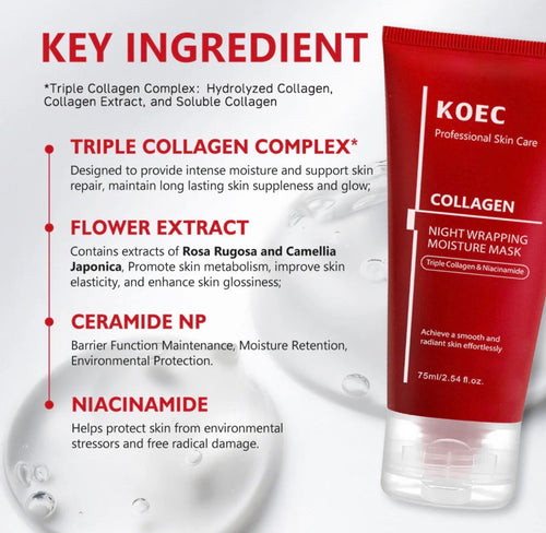 Red tube of KOEC Collagen Night Mask with white text and a flip-top cap, displayed on a light background.