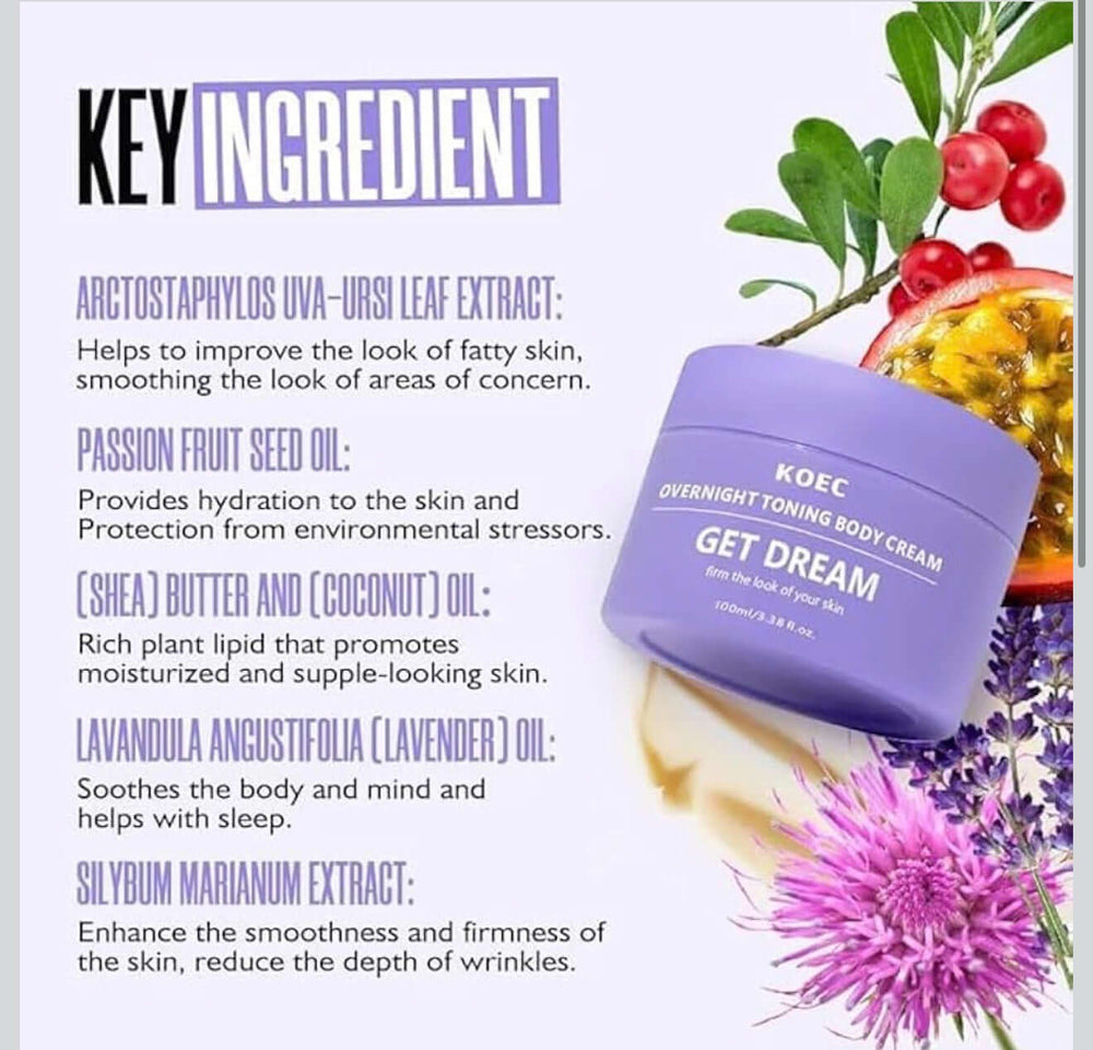 Key ingredients in KOEC overnight firming body cream: lavender oil, shea butter, passion fruit seed oil for toning skin