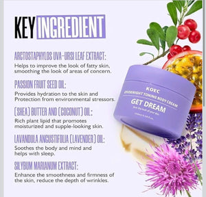 Key ingredients in KOEC overnight firming body cream: lavender oil, shea butter, passion fruit seed oil for toning skin