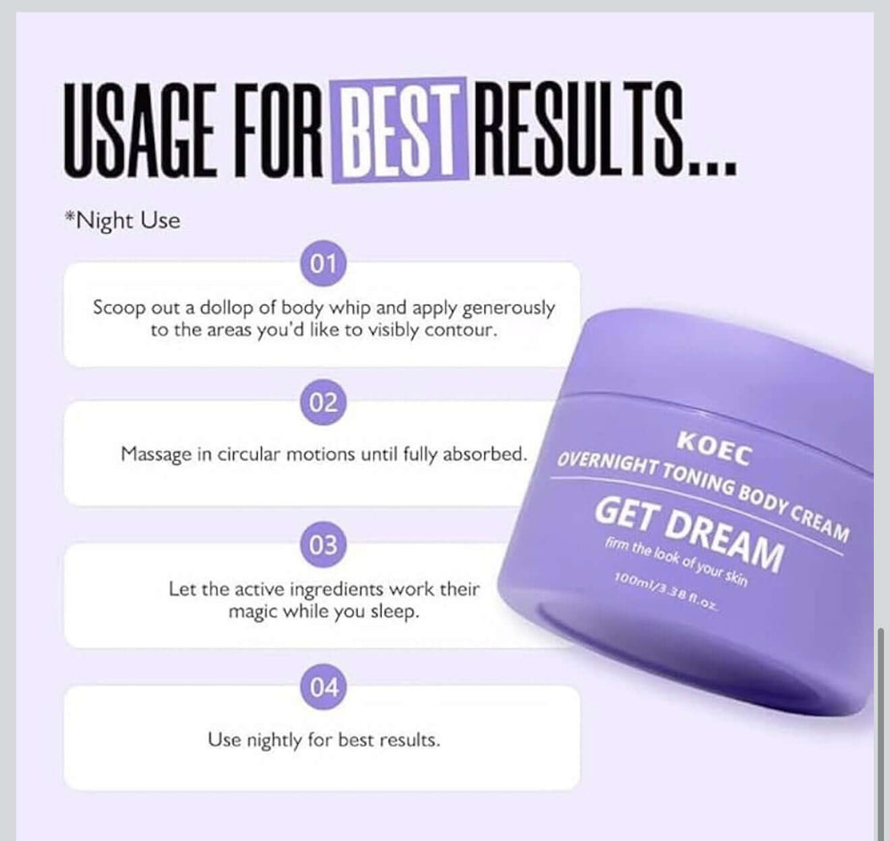 Usage guide for KOEC overnight firming body cream – 4 steps for best night results to firm and tighten skin