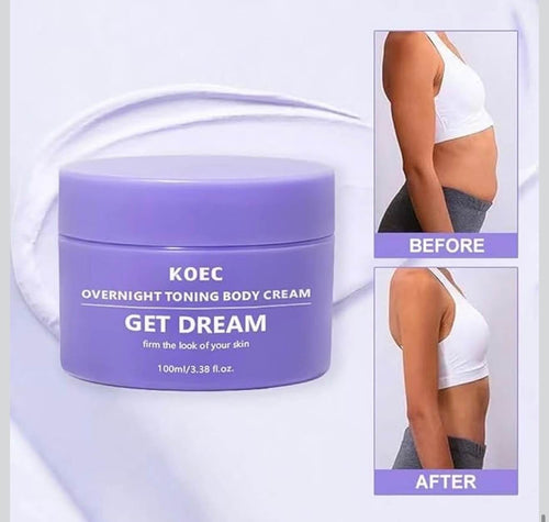 KOEC overnight firming body cream with before and after results showing toned, tightened skin – Get Dream skin tightening cream