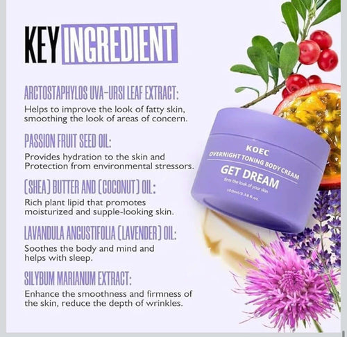 KOEC overnight firming body cream key ingredients: UVA-Ursi, passion fruit oil, shea butter, lavender oil for skin toning