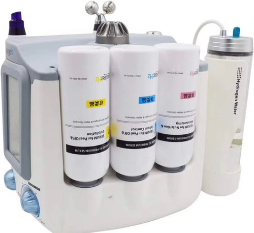 Side view with skincare solution bottles