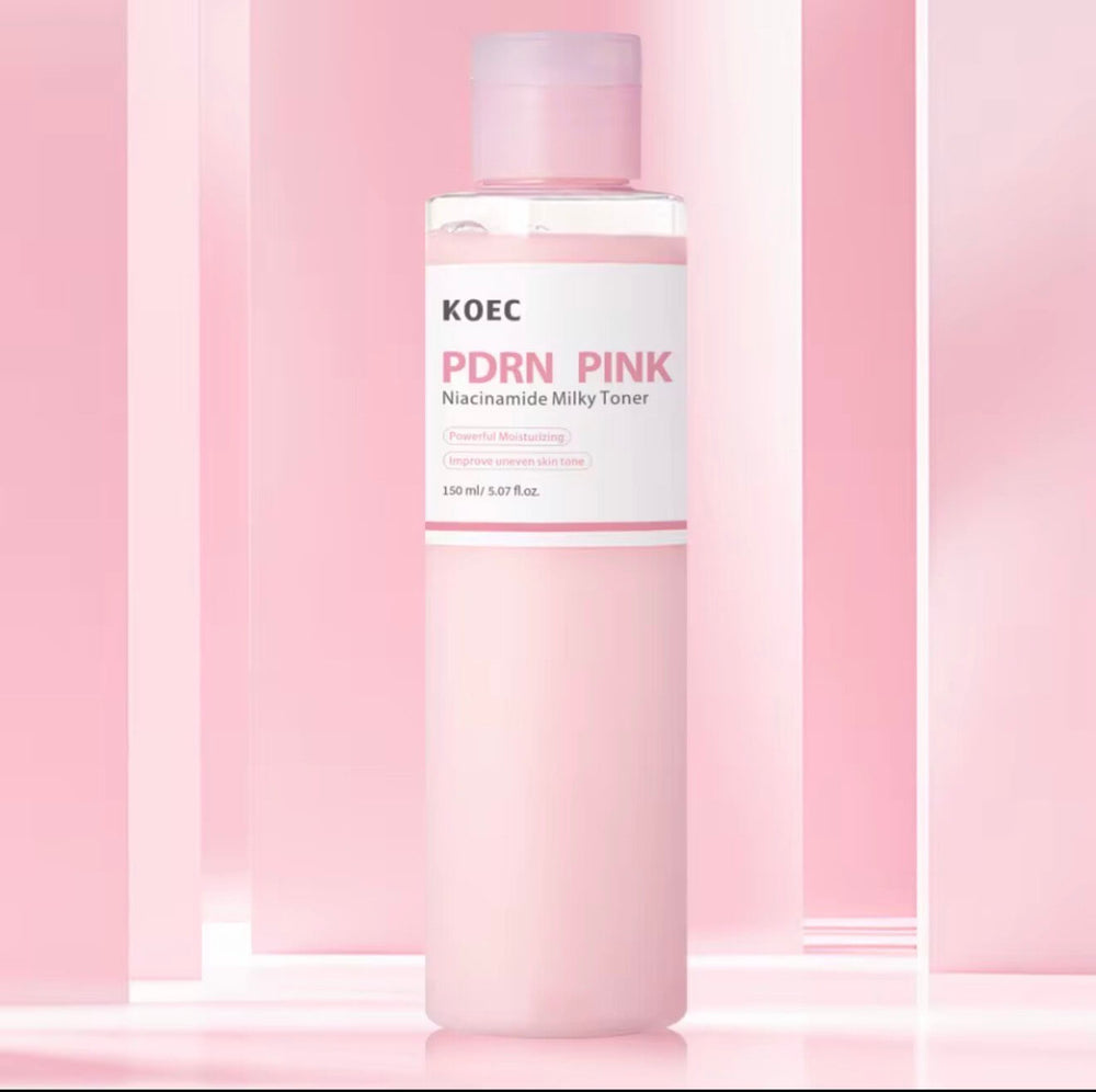 KOEC PDRN pink milky toner glass skin niacinamide formula for deep hydration and radiant glow 150ml bottle