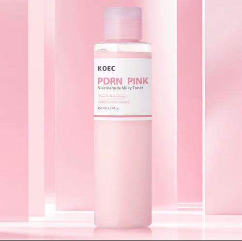 KOEC PDRN pink milky toner glass skin niacinamide formula for deep hydration and radiant glow 150ml bottle