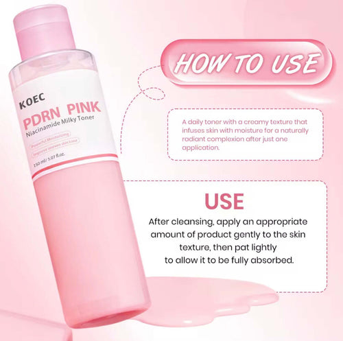 How to use PDRN pink milky toner glass skin by KOEC – apply after cleansing, pat gently for radiant, hydrated skin