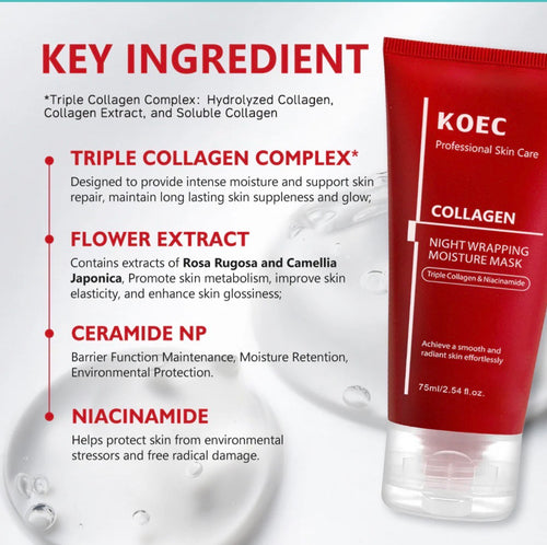 Red tube of KOEC Collagen Night Mask, featuring white text and a black cap, placed against a light background.