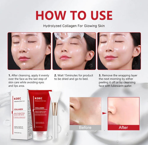 "KOEC Collagen Night Mask in red tube with white cap, accompanied by a white brush, on a gray background."