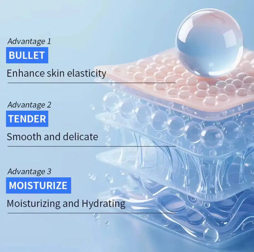 "Layered gel-like texture with bubbles, soft pastel colors, and a water droplet on top, showcasing hydrating properties."