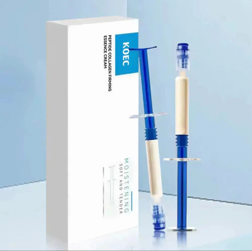 "KOEC Polypeptide Collagen Eye Cream in a clear syringe-like container with blue accents, placed beside a white box."