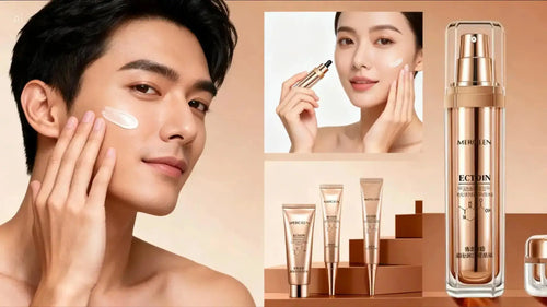 "Mercilen Premium Diamond Gold skincare set featuring serum, eye cream, and moisturizers on a soft gold background."