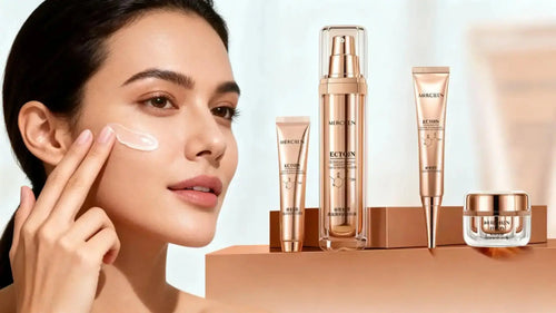 "Korean skincare set with gold packaging, featuring serum, cream, and eye treatment, displayed alongside a model applying pro