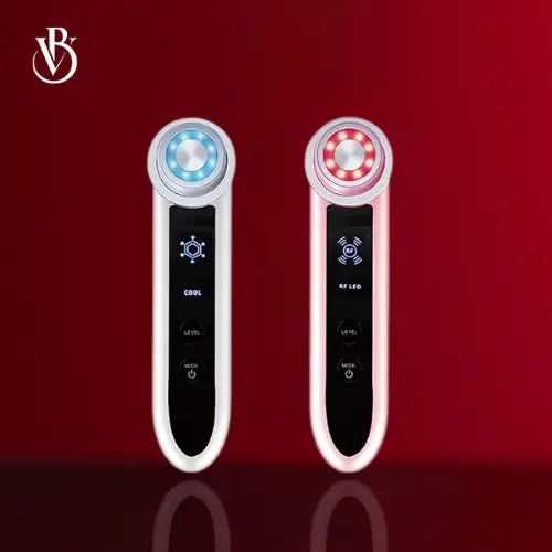"RF facial device with a sleek silver body, blue and red LED lights, and a digital display, against a red background."
