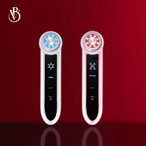 "RF facial device with a sleek silver body, blue and red LED lights, and a digital display, against a red background."