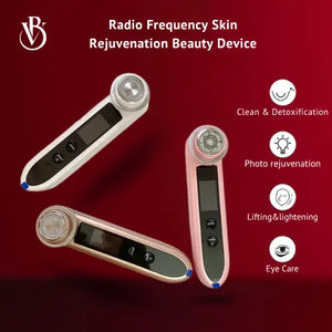 "Three RF facial devices in varying colors featuring silver accents, buttons, and a circular treatment head, on a red backgro