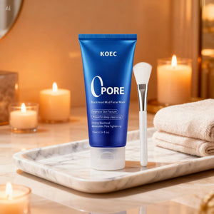 "Blue tube of KOEC Pore Detox Blackhead Mud Mask with white text, accompanied by a white brush on a marble tray."