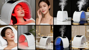 "White LED facial device with steam mist, featuring red and blue lights, shown in use on a spa bed with a model."
