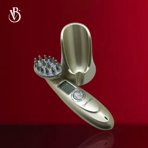 "Gold rechargeable electric scalp massager with a rounded handle, digital display, and a textured massage head, angled view."