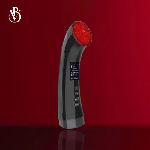 "Black RF & EMS facial rejuvenation device with a rounded red light treatment head and control buttons, angled view."
