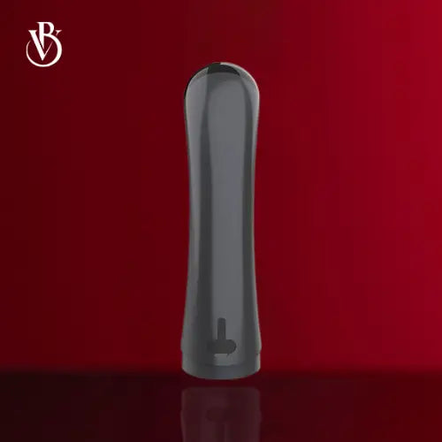 "Glossy black RF & EMS facial rejuvenation device with a tapered design, set against a red background."