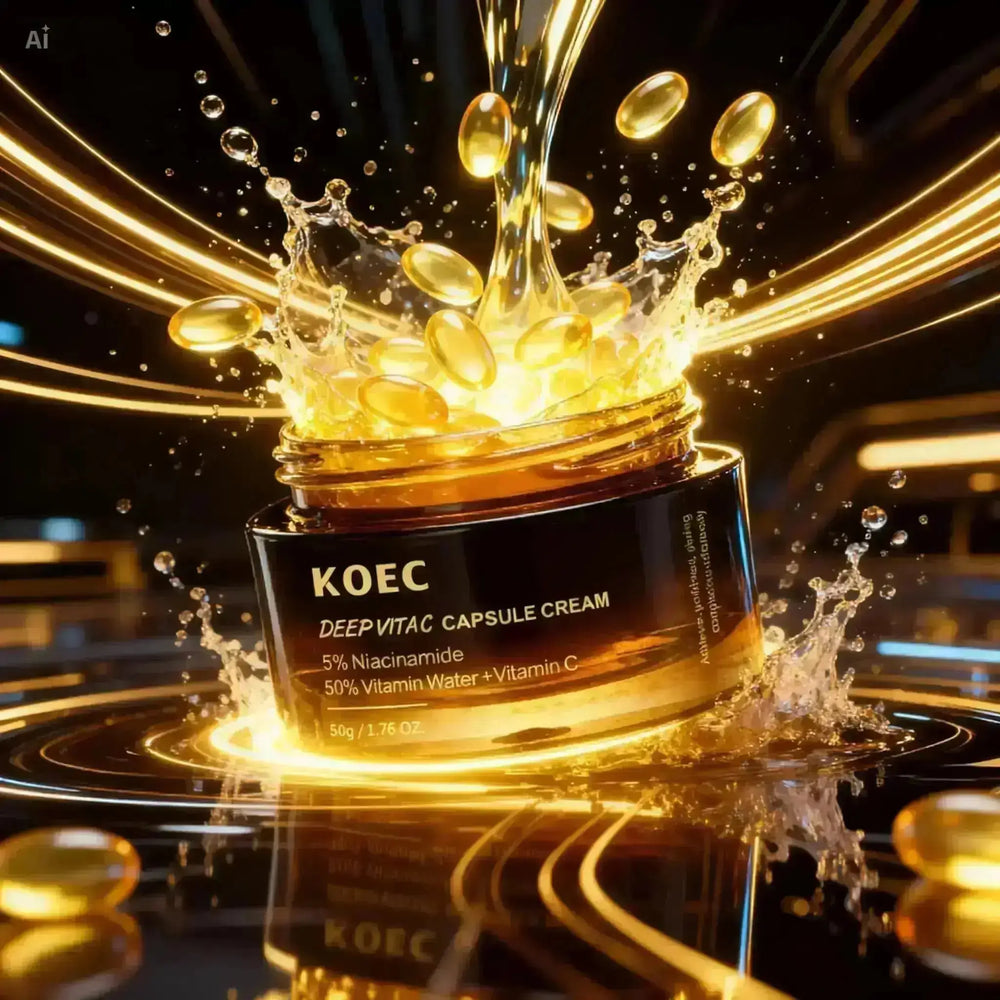 "KOEC Deep Vita C Capsule Cream in a glossy black jar with gold accents, surrounded by splashing gold capsules."