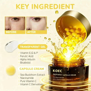 "KOEC Deep Vita C Capsule Cream in gold jar with clear lid, yellow capsules visible inside, on light background."