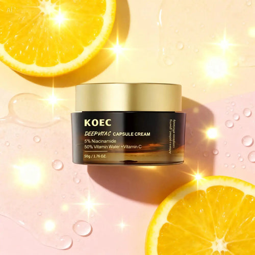 "KOEC Deep Vita C Capsule Cream in a black jar with gold lid, surrounded by fresh orange slices on a pink background."