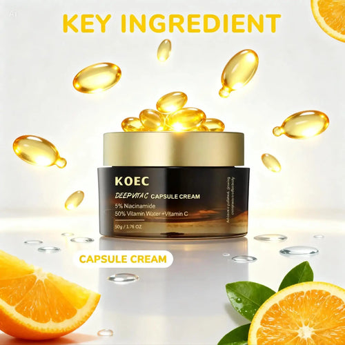 "KOEC Deep Vita C Capsule Cream in a round glass jar with a gold lid, surrounded by golden capsules on a bright background."