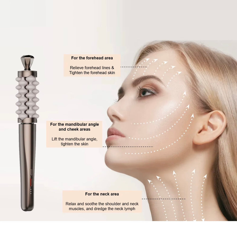 2-in-1 massage roller shown on forehead cheek jawline and neck