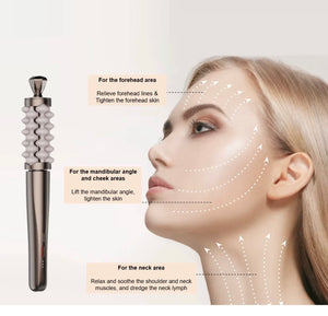 2-in-1 massage roller shown on forehead cheek jawline and neck
