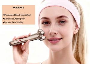 Facial massage roller used on cheek as part of skincare routine