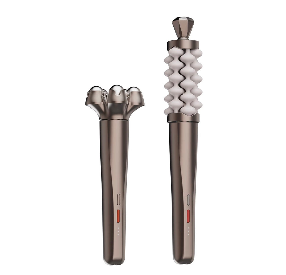 Two interchangeable massage roller heads for face and body