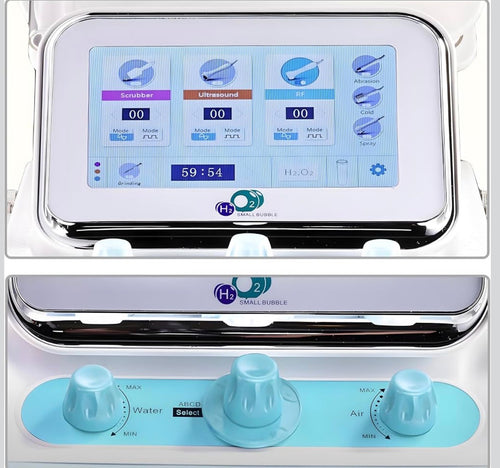 Touchscreen controls and water air settings on 7-in-1 hydro microdermabrasion facial machine