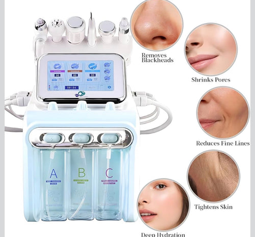 Hydro microdermabrasion facial machine shown with skin cleansing hydration and firming benefit graphics