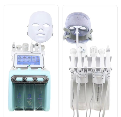 Front and rear views of 7-in-1 hydro microdermabrasion facial machine with multiple handpieces