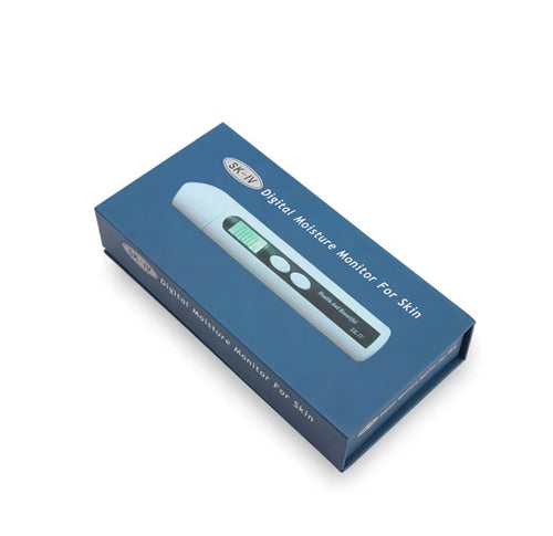 Digital moisture monitor for skin in blue retail packaging