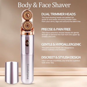 Dual-head electric face and body shaver features and protective cap