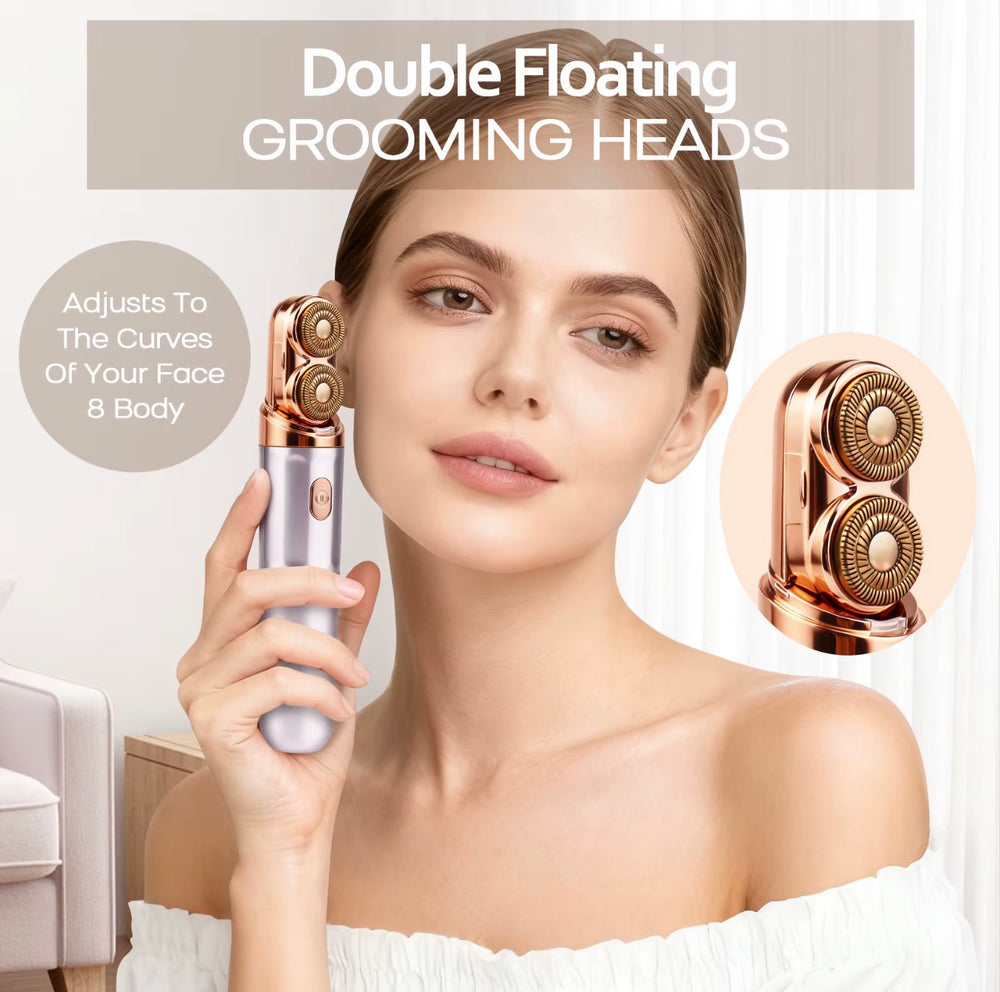 Double floating grooming heads on portable electric face and body shaver
