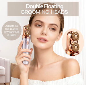 Double floating grooming heads on portable electric face and body shaver